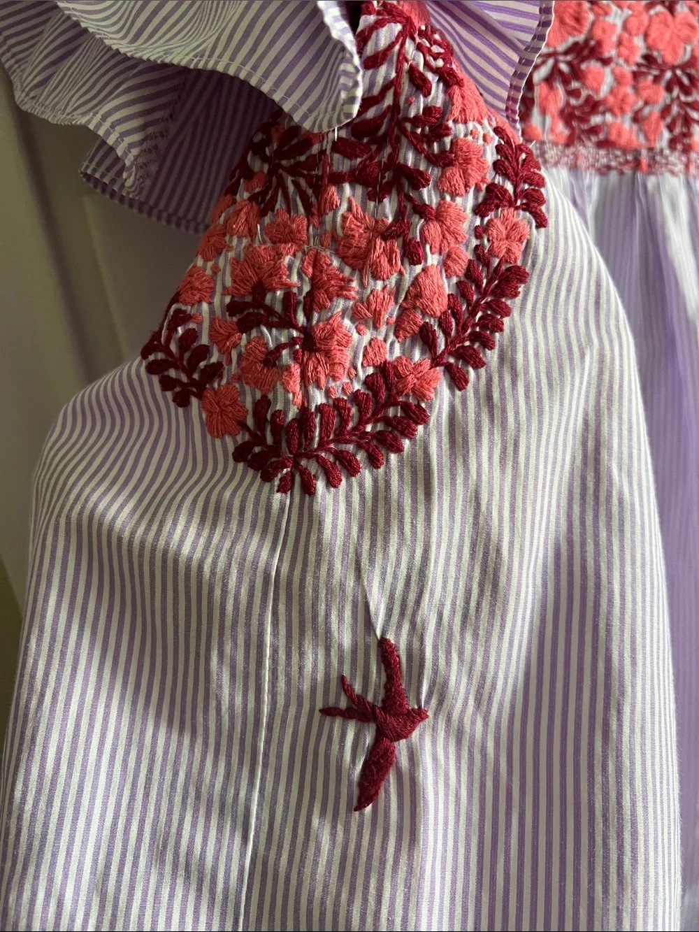 Mi Golondrina Lavender-Striped Dress with Coral Embroidery - Picture 3 of 5